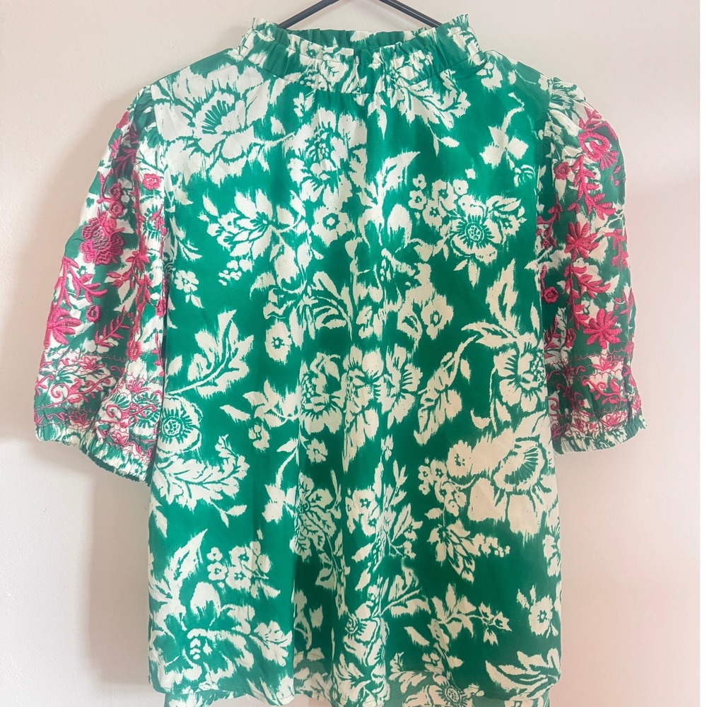 Periwinkle Collection Green Floral Blouse Pink Embroidered Puff Sleeve XL